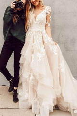Delicate V Neck Long Sleeves Sweep Train With Appliques Ruffles Wedding Dress W405