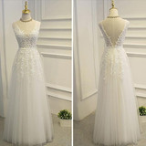 Simple A-line Lace Tulle V-Neck Wedding Dress,Appliques Open Back Wedding Dress OMW10
