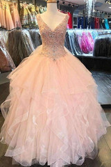 Luxury Ruffles Sequin Beads Wedding Dress,V-Neck Tulle Floor-Length Wedding Gowns OMW15