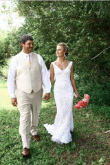 V Neck Sheath Floor Length Wedding Gowns,Open Back Appliques Beach Wedding Dress OMW84