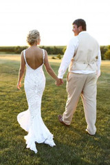 V Neck Sheath Floor Length Wedding Gowns,Open Back Appliques Beach Wedding Dress OMW84