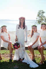 Simple V Neck Sheath Long Sleeve Wedding Gowns,Mid Slit Appliques Beach Wedding Dress OMW85