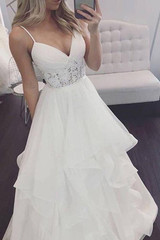 Sweetheart Spaghetti Wedding Gowns,Open Back Ruffles Beach Wedding Dress W106