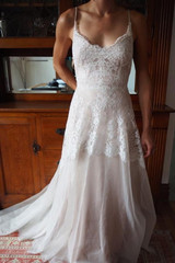 Sweetheart Spaghetti Wedding Gown,Open Back Appliques Sheer Wedding Dress W117