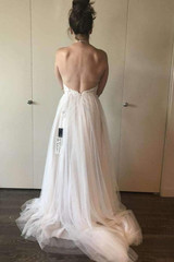 Halter Backless Wedding Gown,A Line Sweep Train Sleeveless Appliques Wedding Dress W137