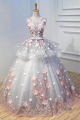 Ball Gown Floor Length Scoop Neck Sleeveless Appliques Lace Up Long Prom Dress,Wedding Dress P218