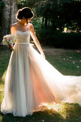 White A Line Sweep Train Sheer Neck Layers Tulle Appliques Wedding Gown,Wedding Dress W194