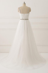 White A Line Brush Train Sweetheart Sleeveless Beading Wedding Dress,Beach Wedding Dress W205