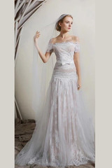White A Line Brush Train Off Shoulder Short Sleeves Lace Wedding Dress,Beach Wedding Dress W208