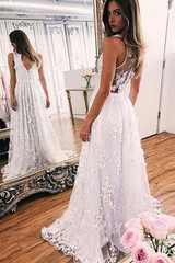 White A Line Brush Train Deep V Neck Sleeveless Lace Wedding Dress,Beach Wedding Dress W221