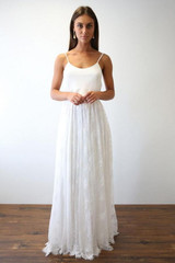 White A Line Brush Train Spaghetti Sleeveless Lace Wedding Dress,Beach Wedding Dress W229