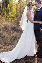 White A Line Brush Train Halter Sleeveless Backless Chiffon Wedding Dress,Beach Wedding Dress W232