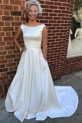 White A Line Court Train Bateau Neck Sleeveless Satin Wedding Dress,Beach Wedding Dress W233