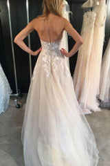 White A Line Brush Train Sweetheart Sleeveless Appliques Wedding Dress,Beach Wedding Dress W242