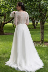White A Line Brush Train Half Sleeve Lace Wedding Dress,Beach Wedding Dress W243