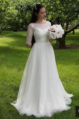 White A Line Brush Train Half Sleeve Lace Wedding Dress,Beach Wedding Dress W243