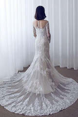 White Mermaid Court Train Long Sleeve Applique Wedding Dress,Wedding Dress W261