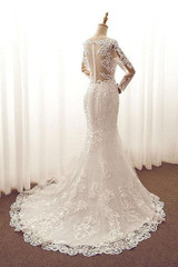White Mermaid Court Train Long Sleeve Applique Wedding Dress,Perfect Wedding Dress W264