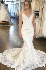 White Mermaid Court Train Deep V Neck Sleeveless Applique Wedding Dress,Perfect Wedding Dress W268