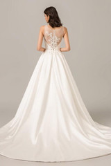 White A Line Court Train Sleeveless Sheer Back Appliques Wedding Dress,Perfect Wedding Gowns W277