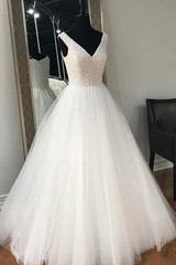 White A Line Floor Length V Neck Sleeveless Layers Wedding Dress,Perfect Wedding Gowns W278