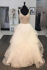 White A Line Floor Length Scoop Neck Sleeveless Ruffles Beading Wedding Dress,Wedding Gowns W283