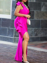 V-neck Falbala Split-side Maxi Dresses V-neck Falbala Split-side Maxi Dresses