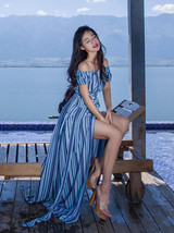 Sexy Flat Shoulder Spliting Maxi Bohemia Beach Dress