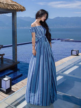 Sexy Flat Shoulder Spliting Maxi Bohemia Beach Dress