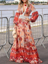 Printed Split-joint Puff Sleeves Maxi Dress