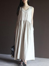 Beige Linen V-neck Sleeveless Ruffled Long Dress