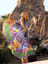Printed Sleeves Backless Big Hemline Bohemia Maxi Dress