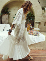 Spring And Summer Bohemian V-Neck High Waist Lace Stitching Big Swing Dress