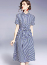 Stripe Lapel Neck Short Sleeve Belt Dress