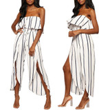 Stripe Off Shoulder High Waist Split Leg Jumpsuit Rompers