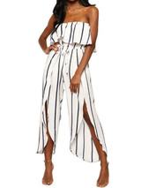 Stripe Off Shoulder High Waist Split Leg Jumpsuit Rompers