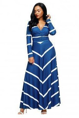 Stripe V Neck Long Sleeve High Waist Maxi Long Dress
