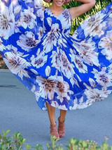Summer V Neck Sleeveless Floral Printed Chiffon Long Maxi Dresses