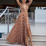 V-Neck Bohemia Vacation Long Sleeve Polka Dress