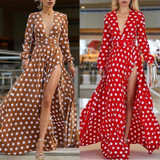 V-Neck Bohemia Vacation Long Sleeve Polka Dress