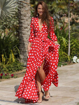 V-Neck Bohemia Vacation Long Sleeve Polka Dress