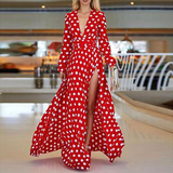 V-Neck Bohemia Vacation Long Sleeve Polka Dress