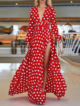 V-Neck Bohemia Vacation Long Sleeve Polka Dress