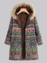 Vintage Boho Floral Printed Long Sleeves Hoodie Quilted Coat