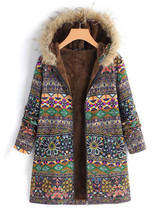 Vintage Boho Floral Printed Long Sleeves Hoodie Quilted Coat
