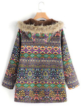 Vintage Boho Floral Printed Long Sleeves Hoodie Quilted Coat