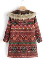 Vintage Boho Floral Printed Long Sleeves Hoodie Quilted Coat