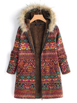 Vintage Boho Floral Printed Long Sleeves Hoodie Quilted Coat