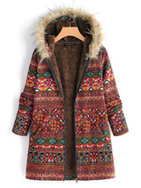 Vintage Boho Floral Printed Long Sleeves Hoodie Quilted Coat