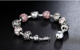 Antique Silver Charm Love and Flower Beads Bracelet Bangle Women Wedding Jewelry